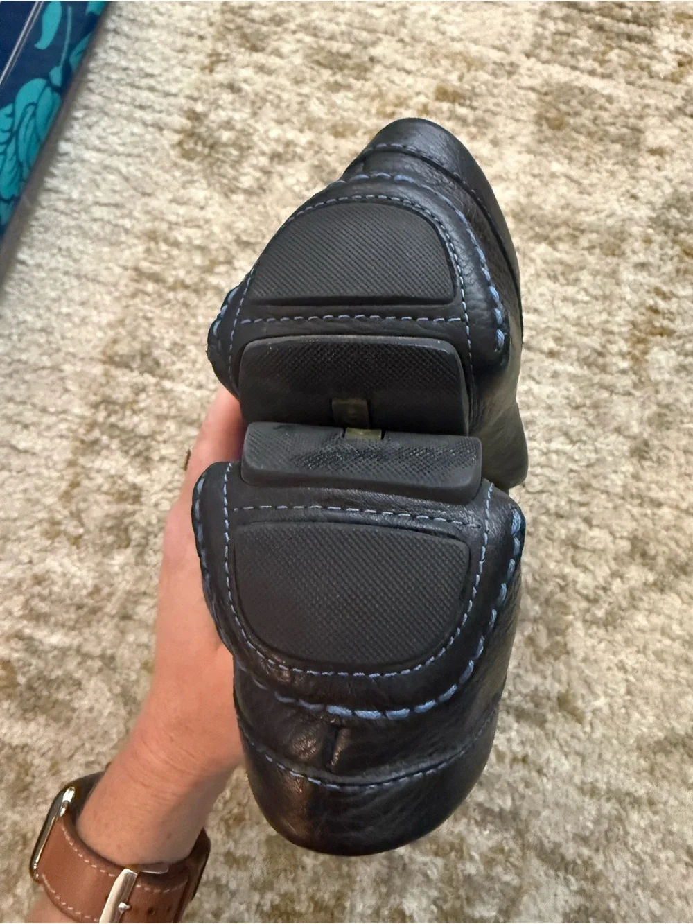 Donald J. Pliner Black Leather Penny Loafers with Blue Stitching